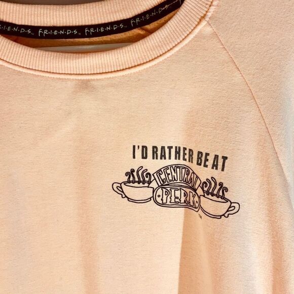 Friends Cropped Dolman Sleeve Central Perk Sweatshirt. Peach, Medium - Picture 3 of 9